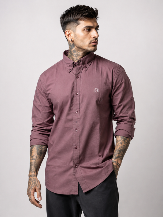 Luxury Wine Burgundy Textured Oxford Shirt with Contrast Monogram