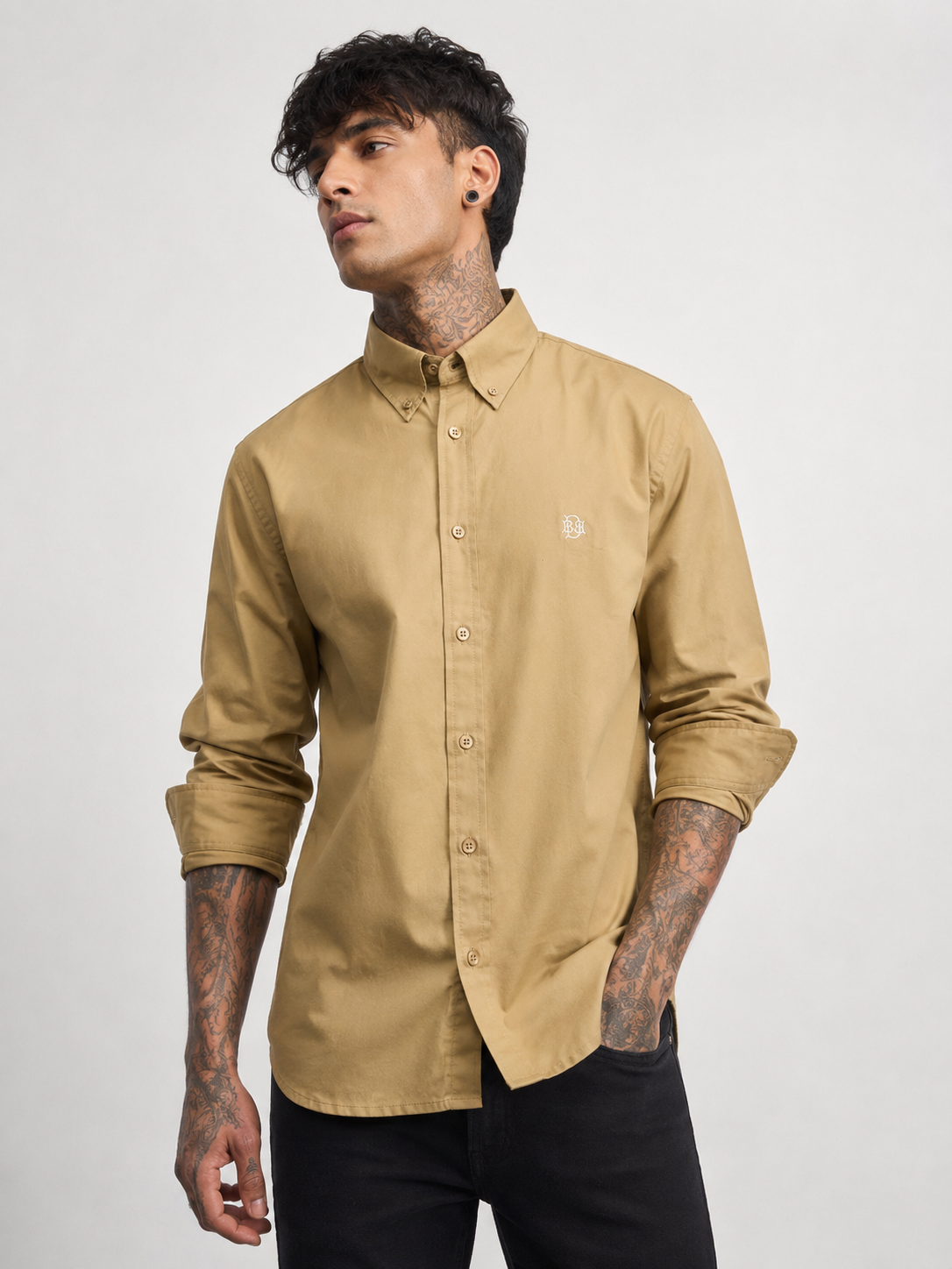 Tan Khaki Textured Oxford Shirt with Tonal Monogram