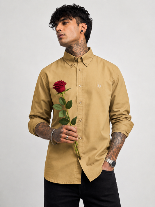 Tan Khaki Textured Oxford Shirt with Tonal Monogram
