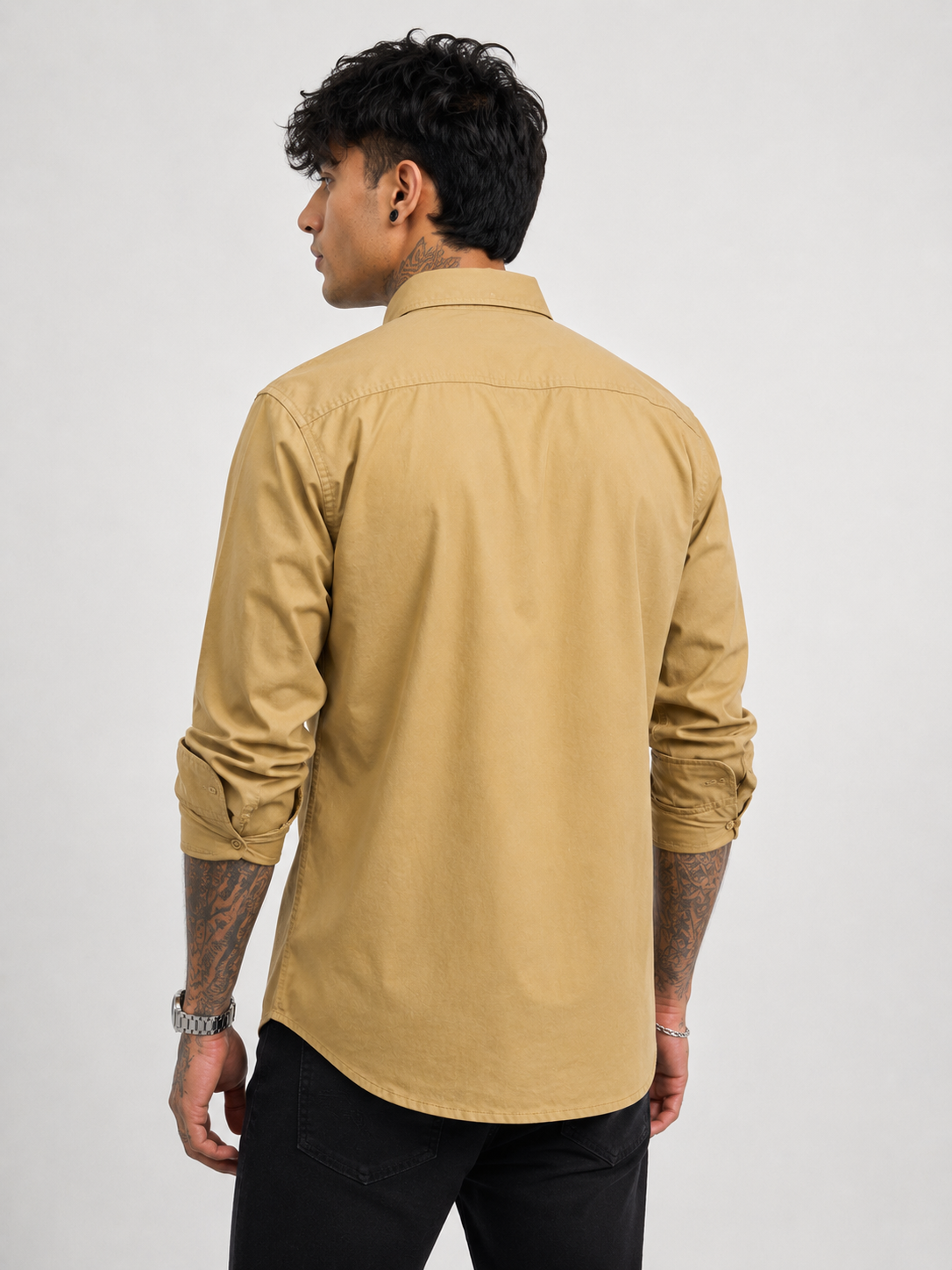 Tan Khaki Textured Oxford Shirt with Tonal Monogram