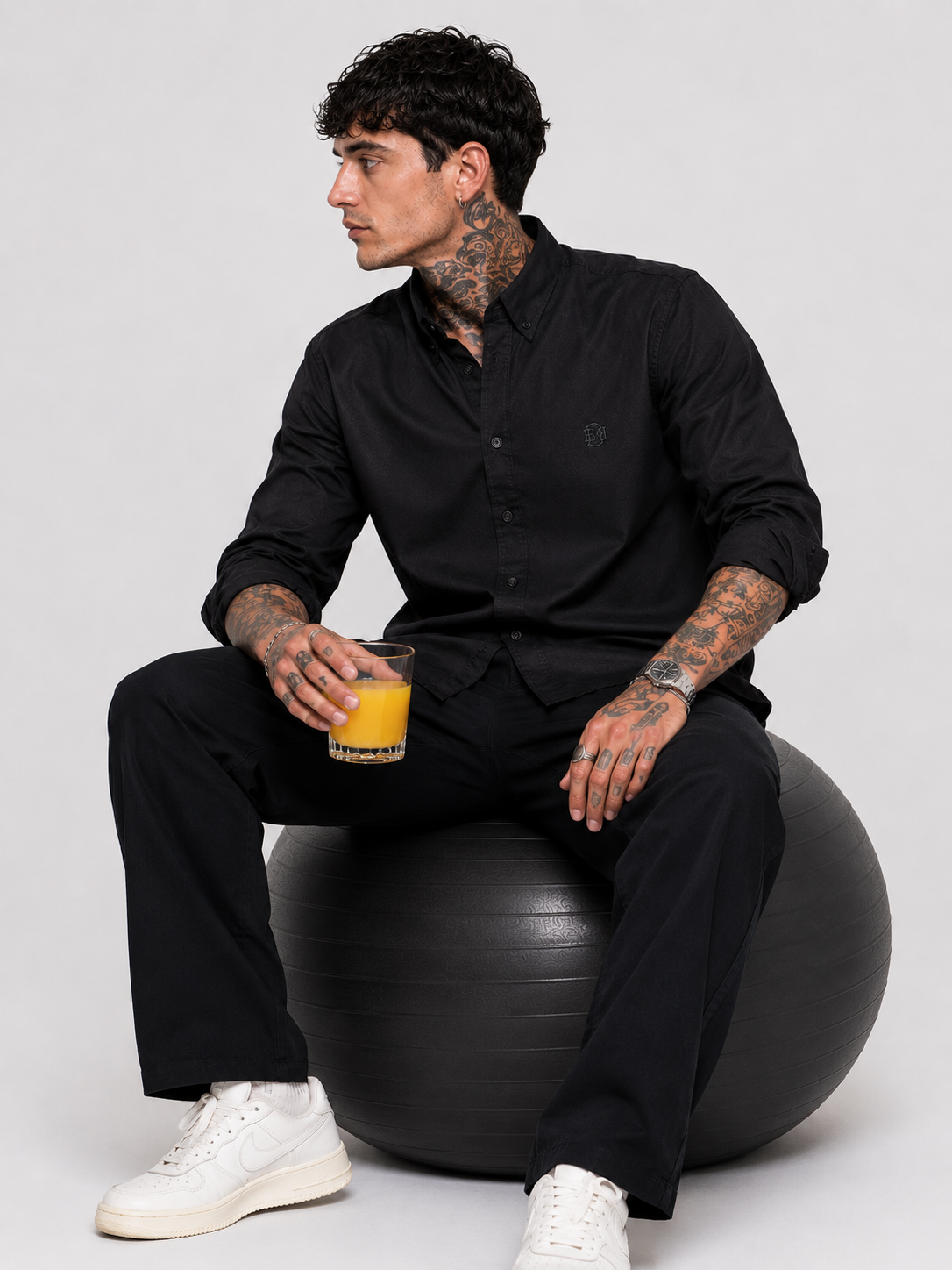 Matte Black Textured Oxford Shirt with Tonal Monogram