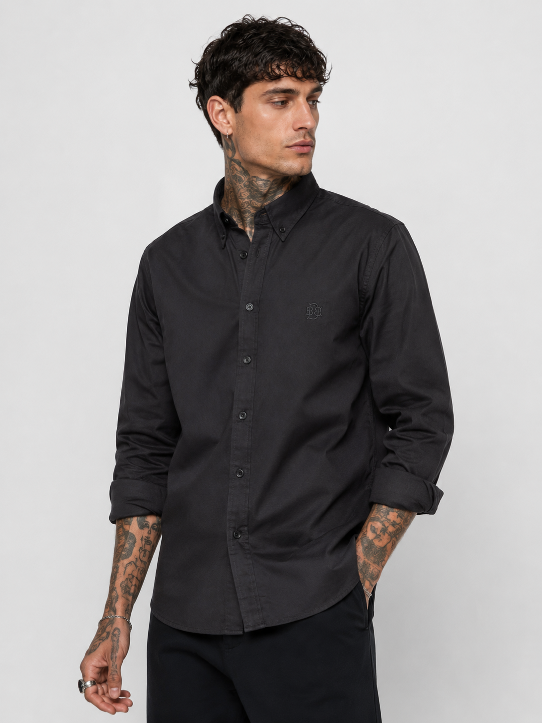 Matte Black Textured Oxford Shirt with Tonal Monogram