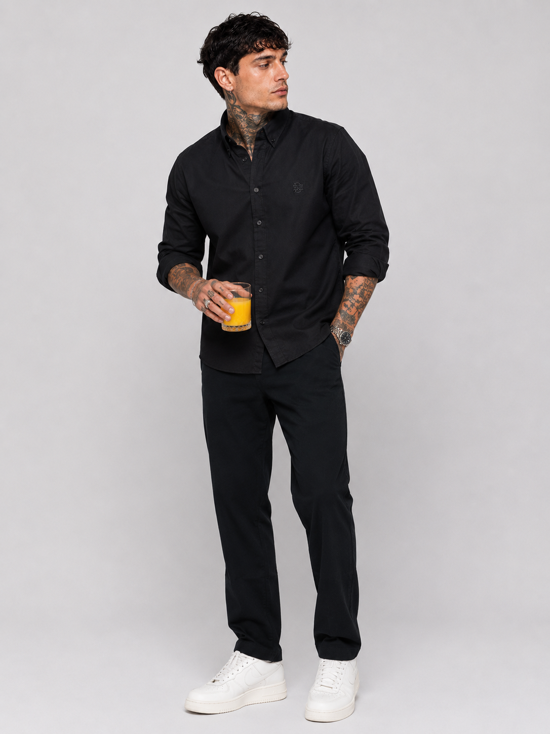 Matte Black Textured Oxford Shirt with Tonal Monogram