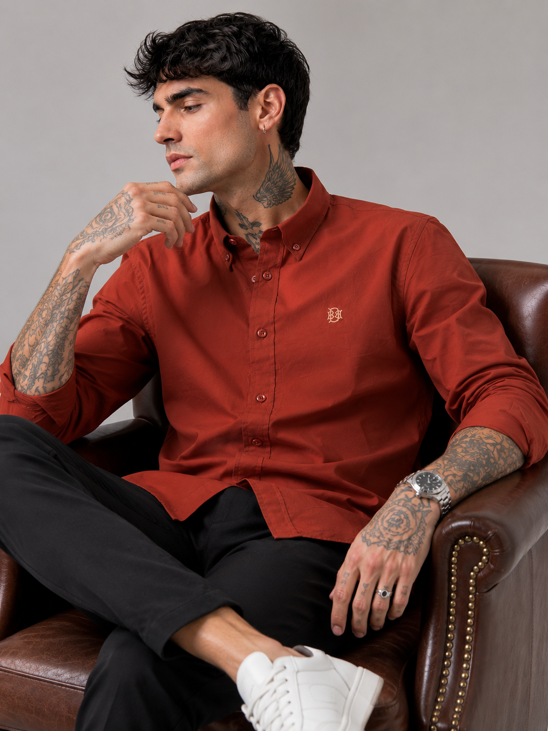 Burnt Clay Earth-Tone Textured Oxford Shirt with Tonal Monogram