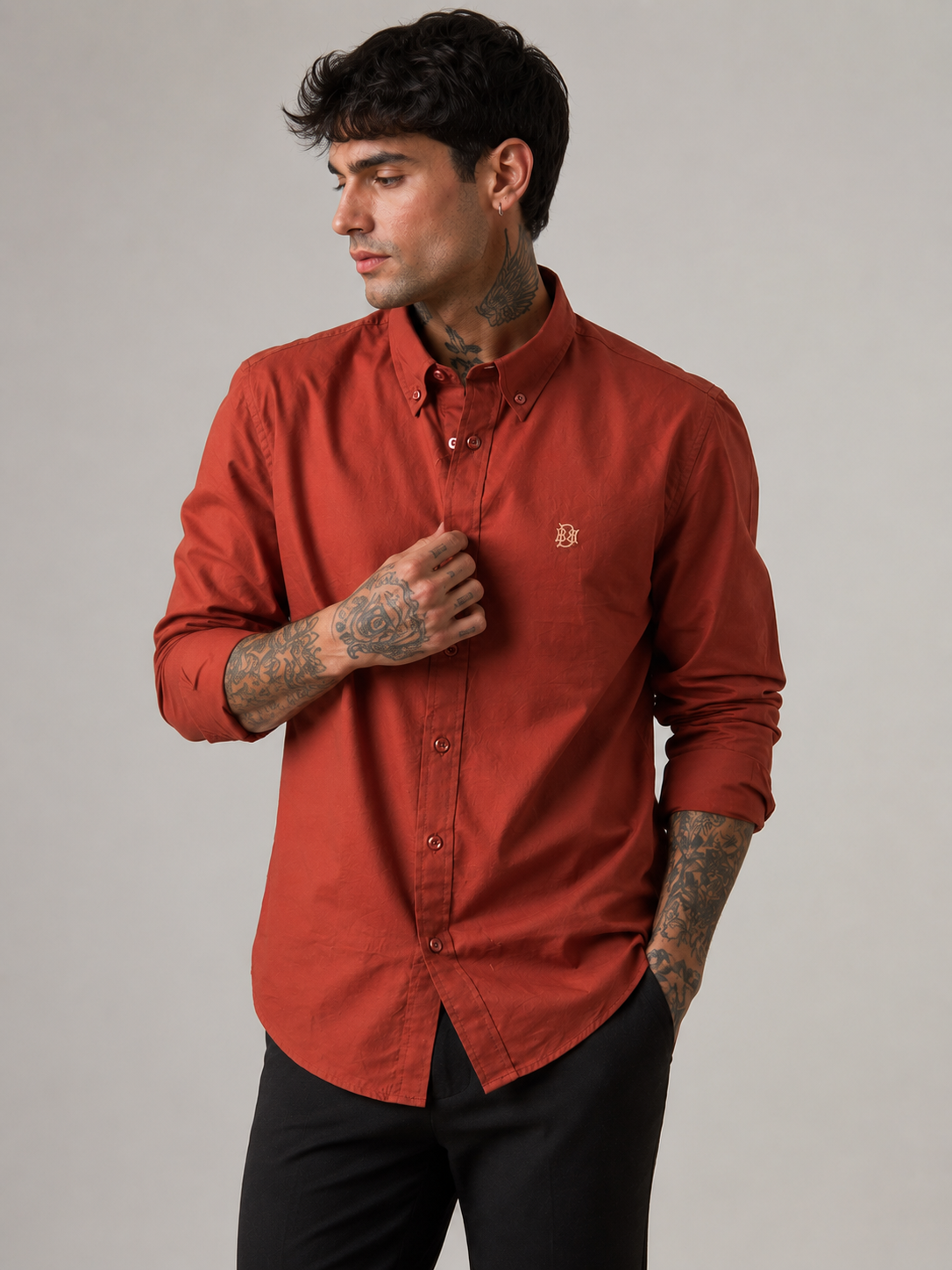 Burnt Clay Earth-Tone Textured Oxford Shirt with Tonal Monogram
