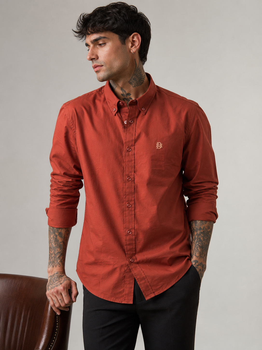 Burnt Clay Earth-Tone Textured Oxford Shirt with Tonal Monogram