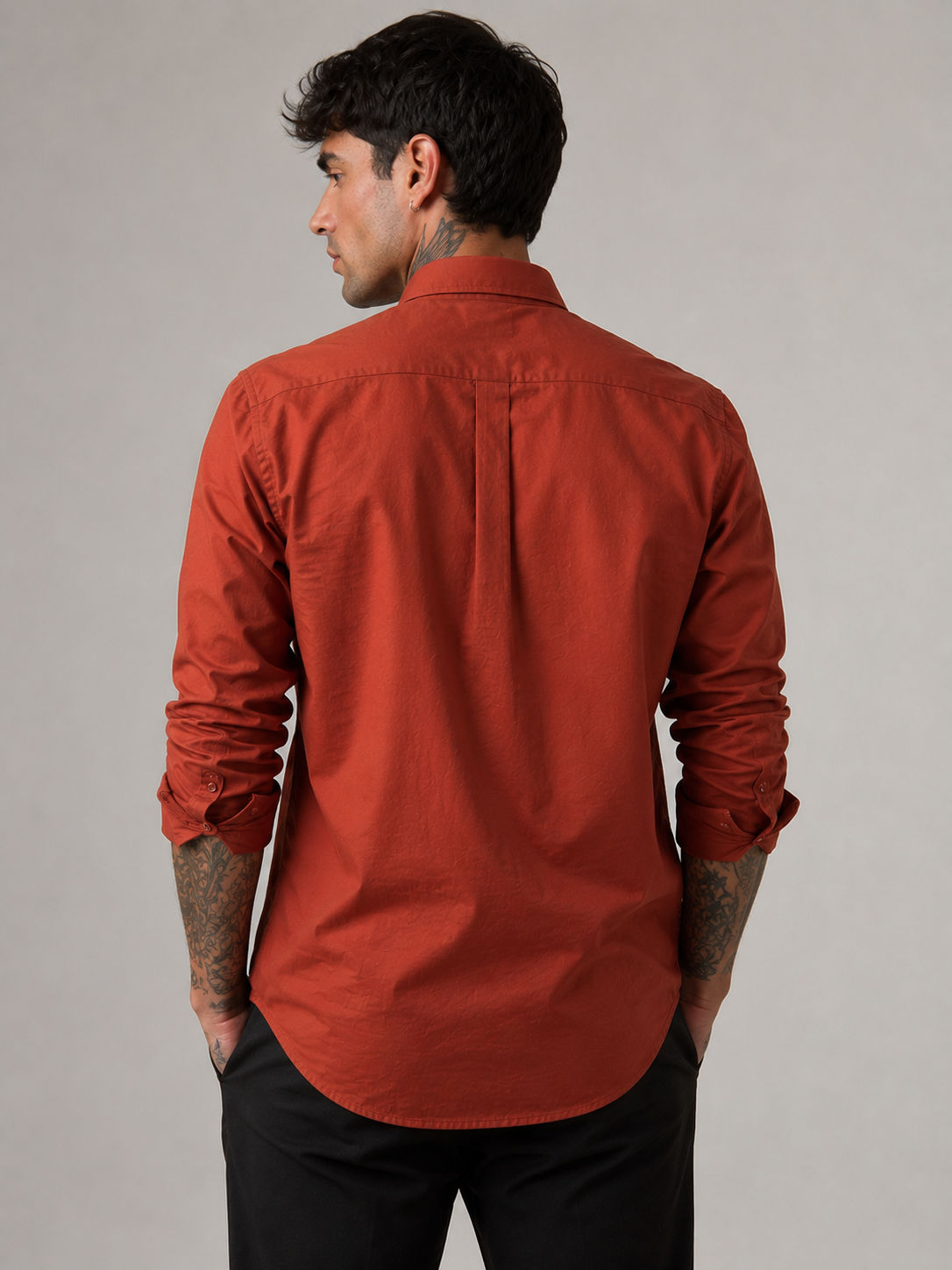 Burnt Clay Earth-Tone Textured Oxford Shirt with Tonal Monogram