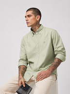Sage green textured oxford button-up shirt, chest monogram detail
