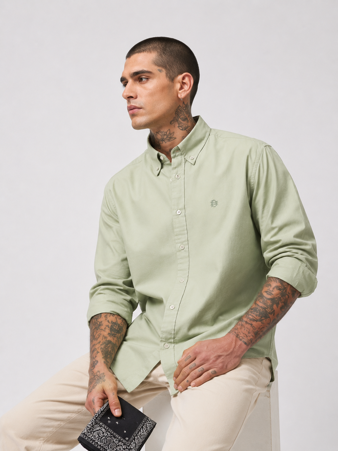 Sage Green Textured Oxford Shirt with Tonal Monogram