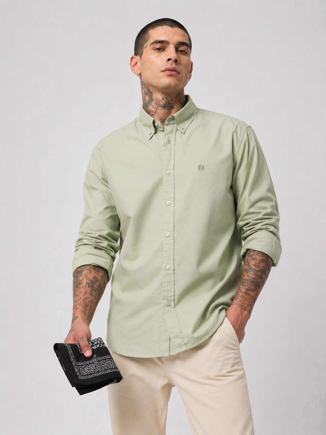 Sage Green Textured Oxford Shirt with Tonal Monogram