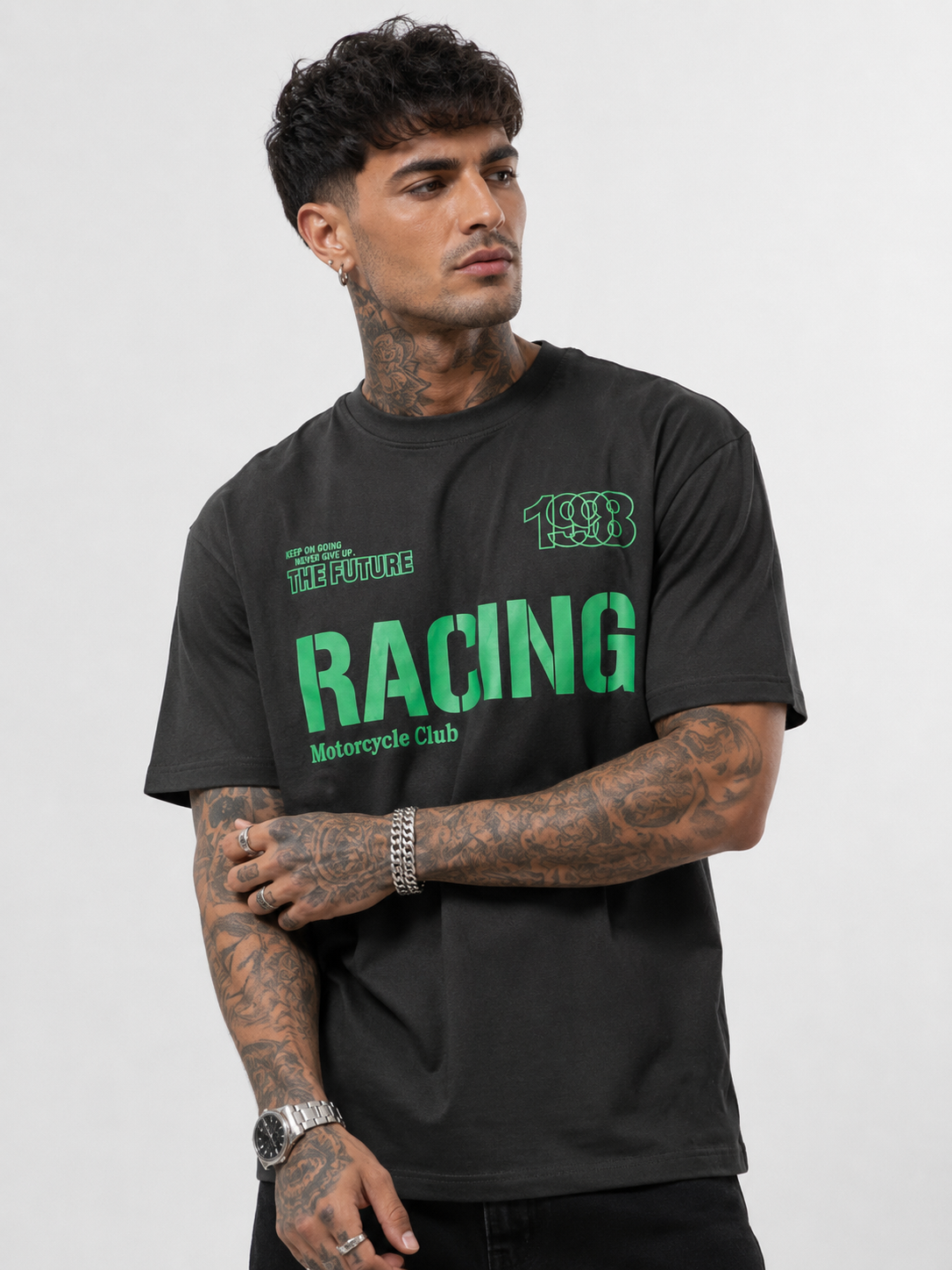 Black & Neon Green Motocross Streetwear Round Neck Tee