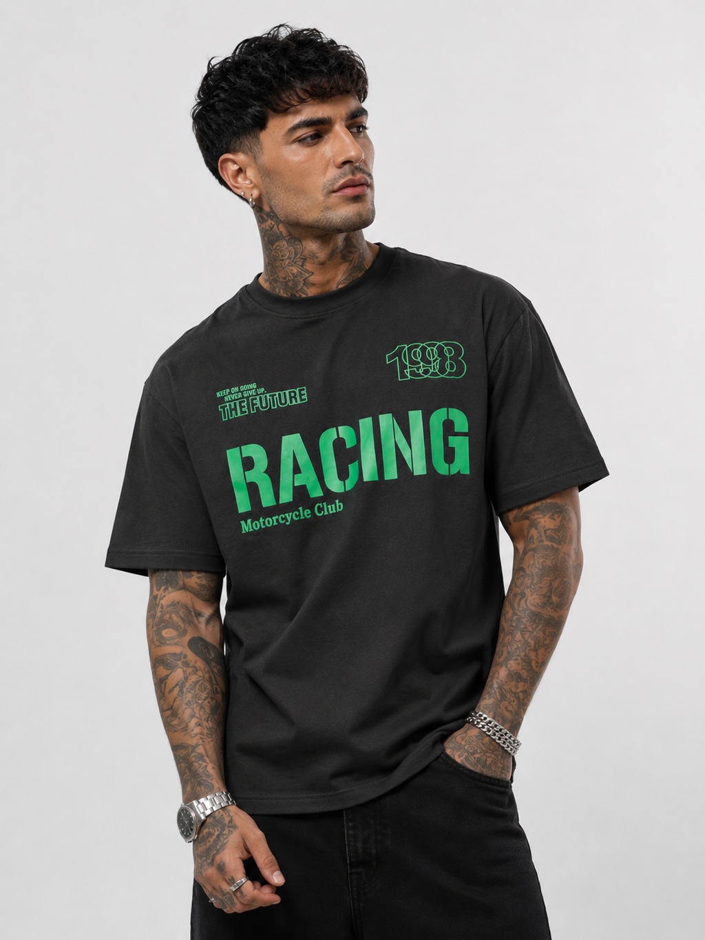 Black round-neck T-shirt with neon green Racing text and TBB logo on front