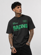 Black round-neck T-shirt with neon green Racing text and TBB logo on front