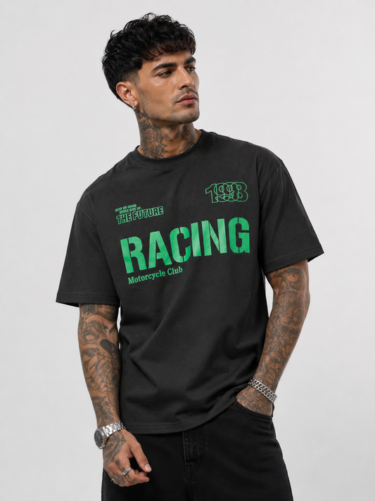 Black & Neon Green Motocross Streetwear Round Neck Tee
