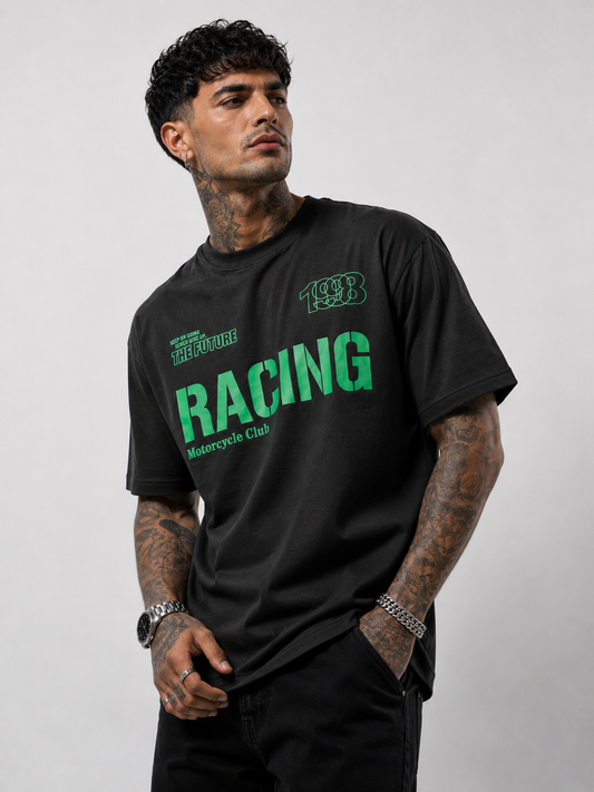 Black & Neon Green Motocross Streetwear Round Neck Tee