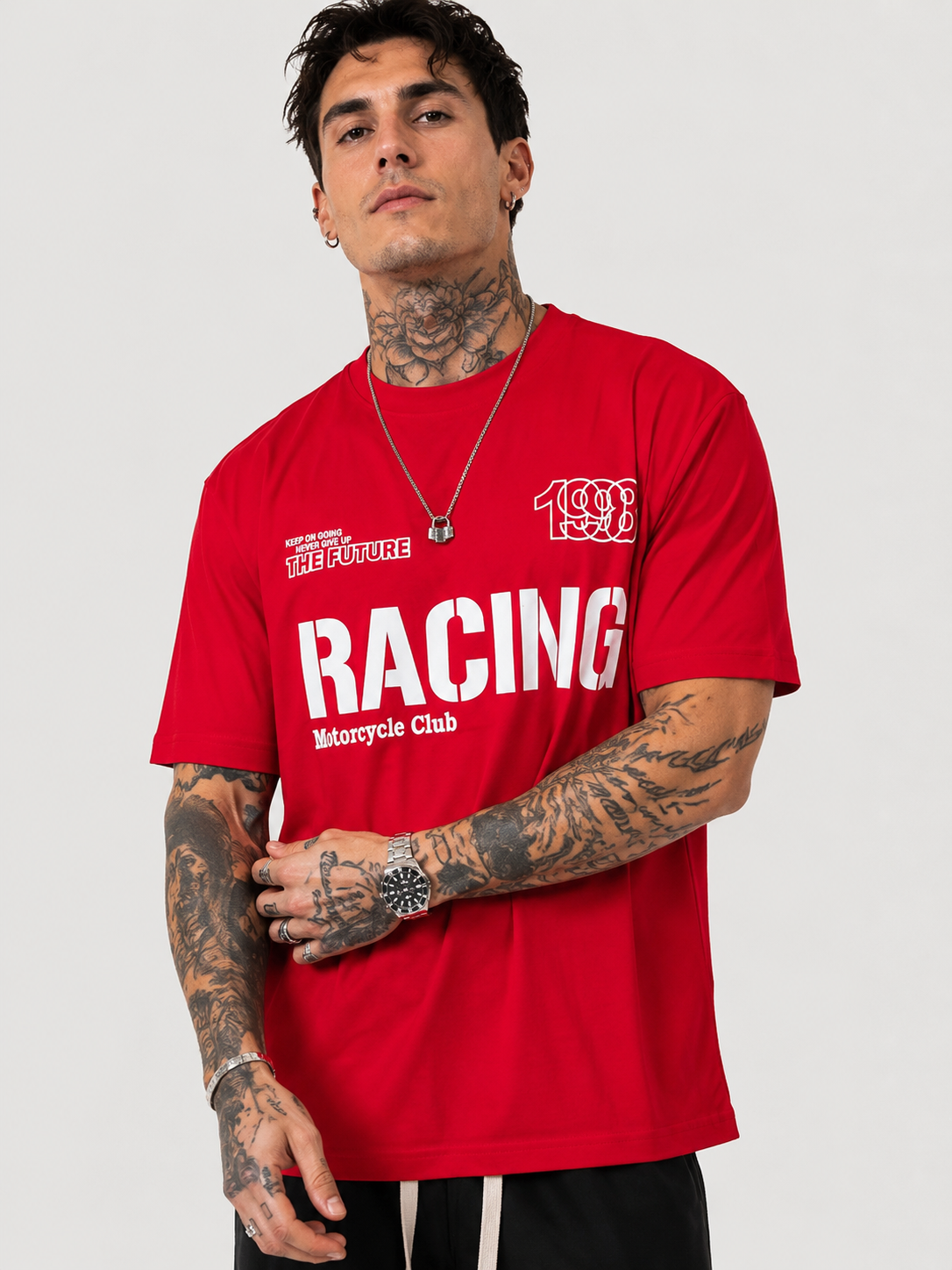 Red round-neck motocross T-shirt with white 'RACING' graphic and chest logo