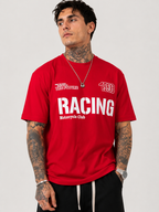 Red round-neck motocross T-shirt with white 'RACING' and small chest logo