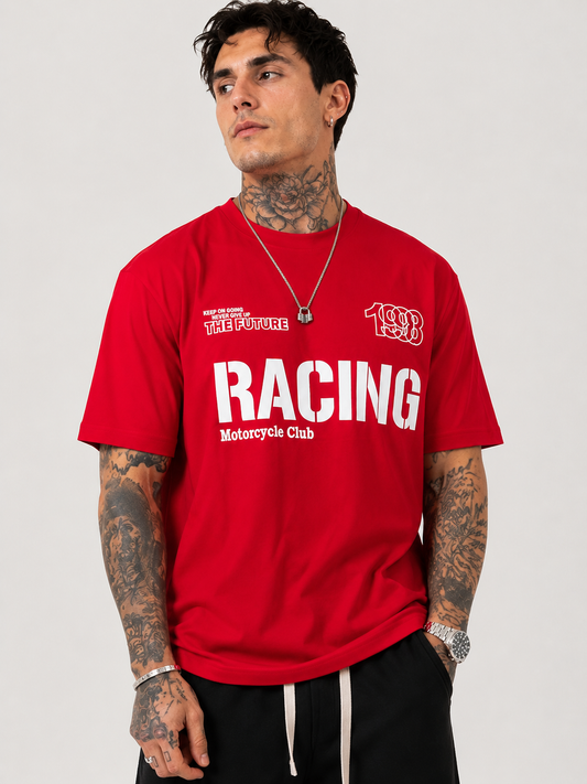 Scarlet Red & White Bold Motocross Round Neck Tee