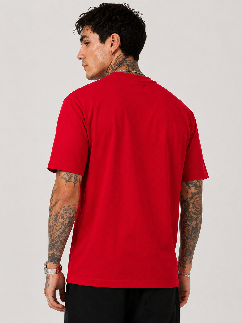Red short-sleeve motocross T-shirt with plain back and round neck