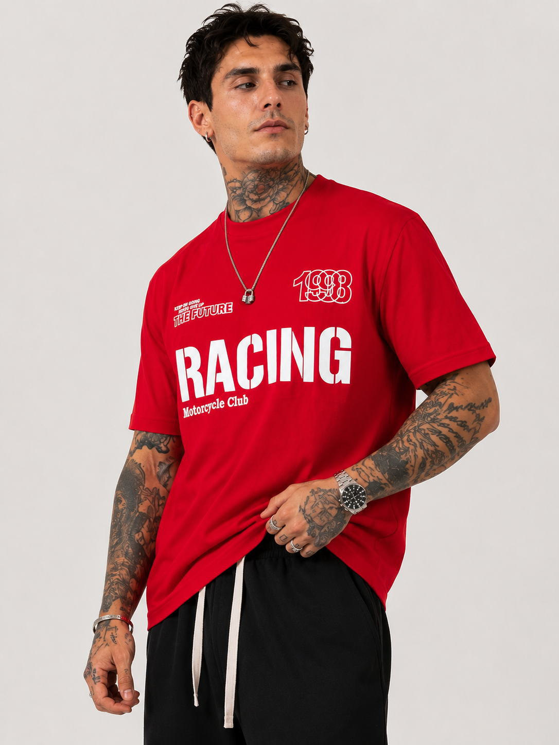 Red round-neck motocross T-shirt with large white 'RACING' chest graphic