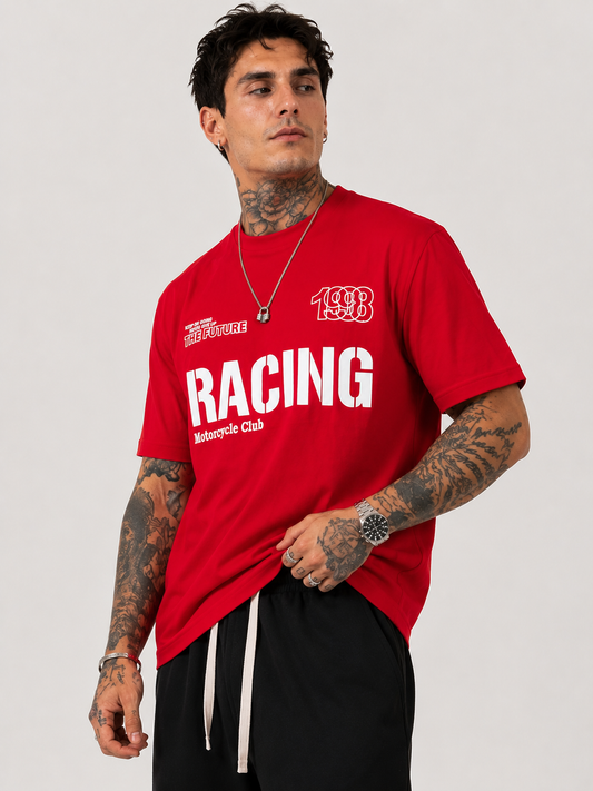 Scarlet Red & White Bold Motocross Round Neck Tee