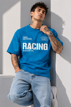 Blue round-neck racing T-shirt with large white 'RACING' front text