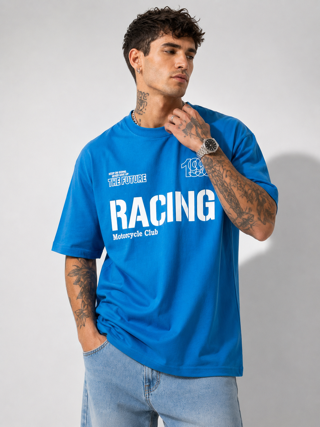 Blue round-neck racing T-shirt with white 'RACING' graphic on chest