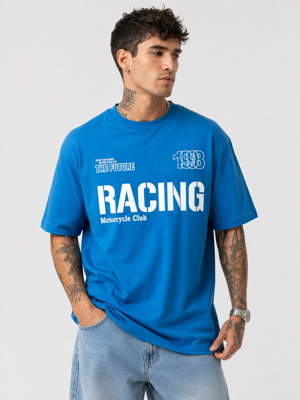 Blue round-neck racing T-shirt with white 'RACING' front graphic