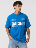 Blue round-neck racing T-shirt with white 'RACING' front graphic