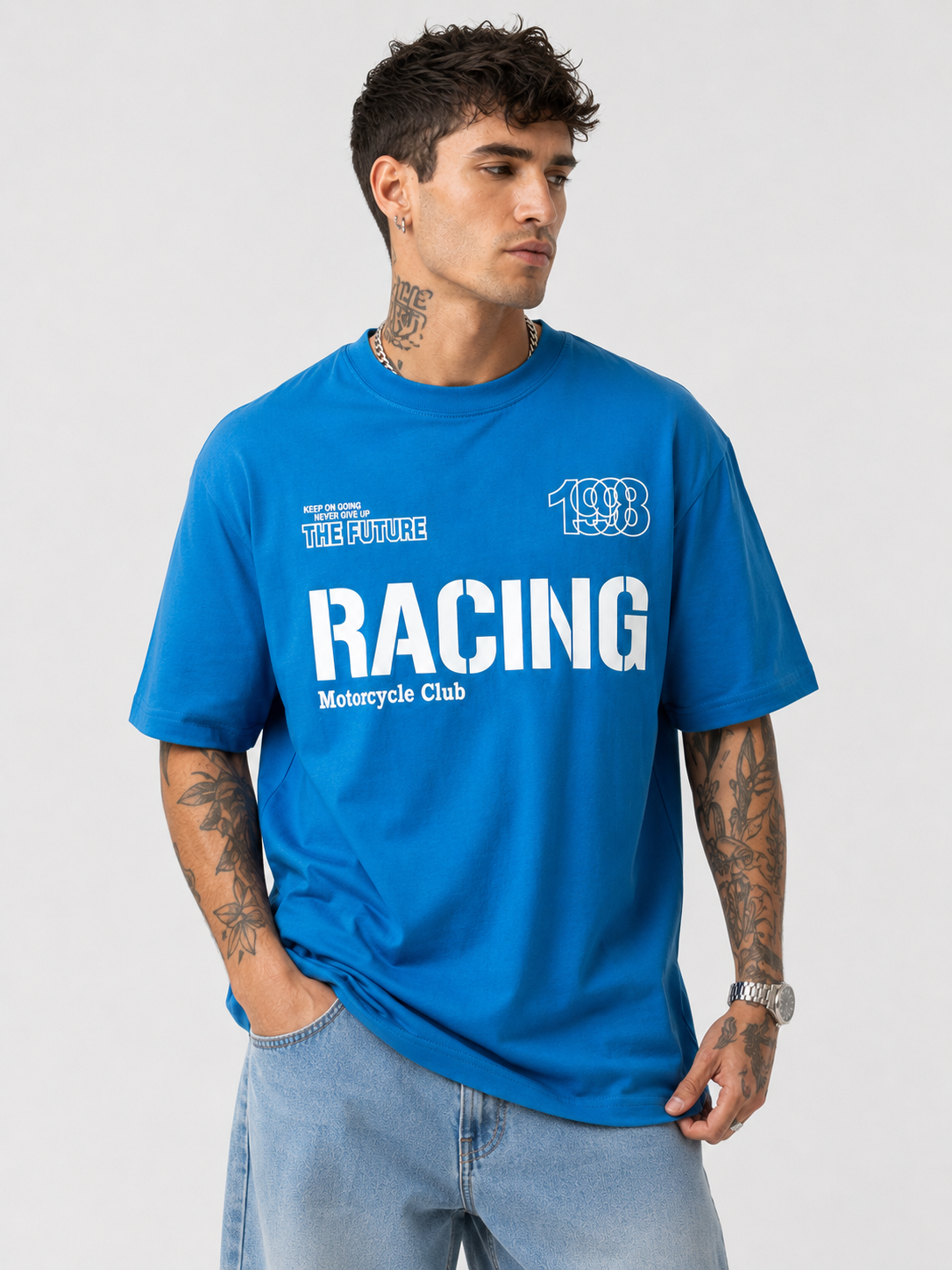 Blue round-neck racing T-shirt with white 'RACING' front graphic