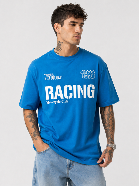 Cerulean Blue & White Structured Round Neck Racing Tee