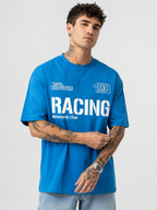 Blue round-neck racing T-shirt, white 'RACING' print and logo badge