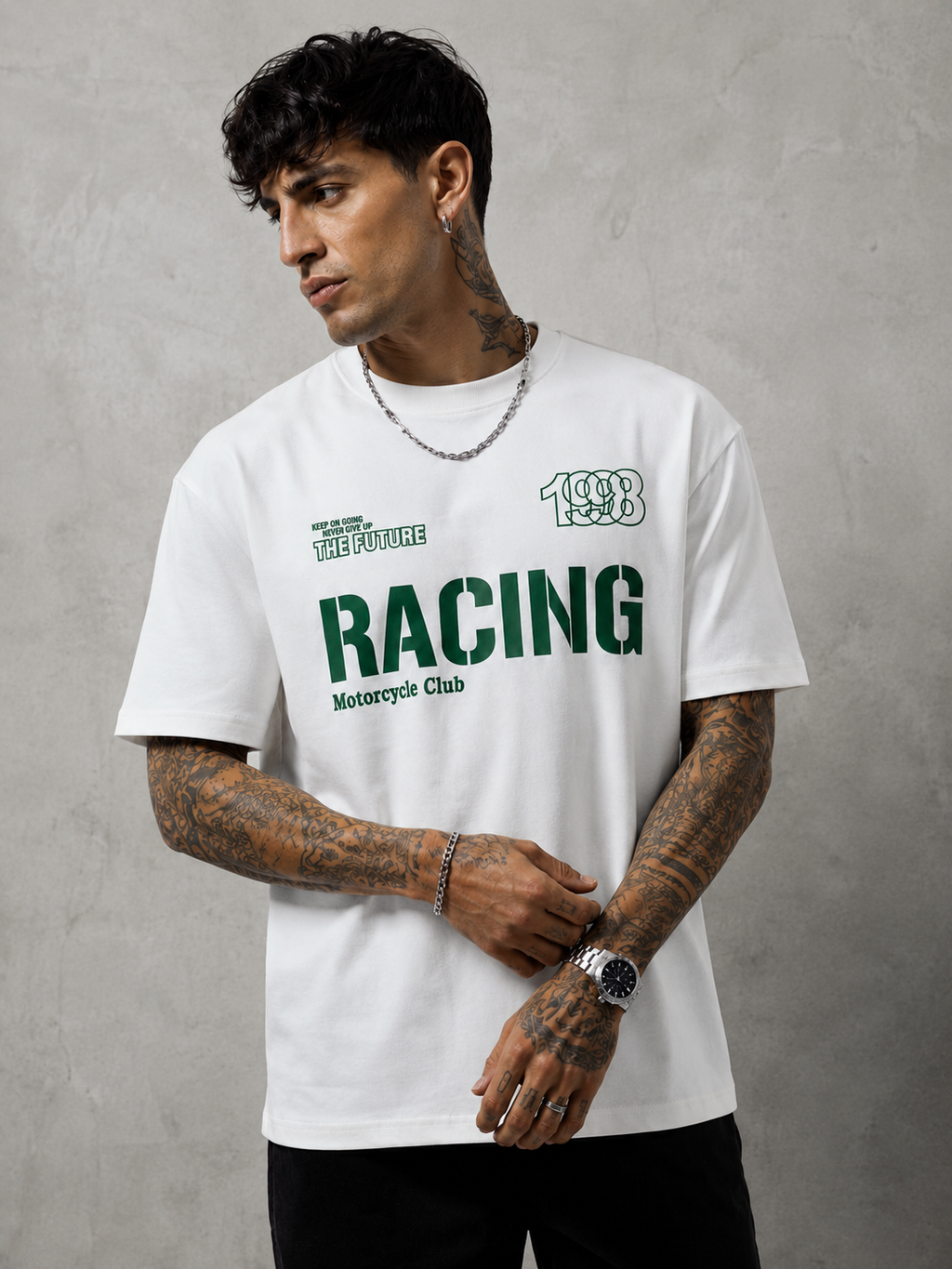 White T-shirt with green Racing motocycle club logo graphic at center