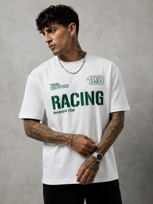 Optical White & Bottle Green Retro Motocross Tee