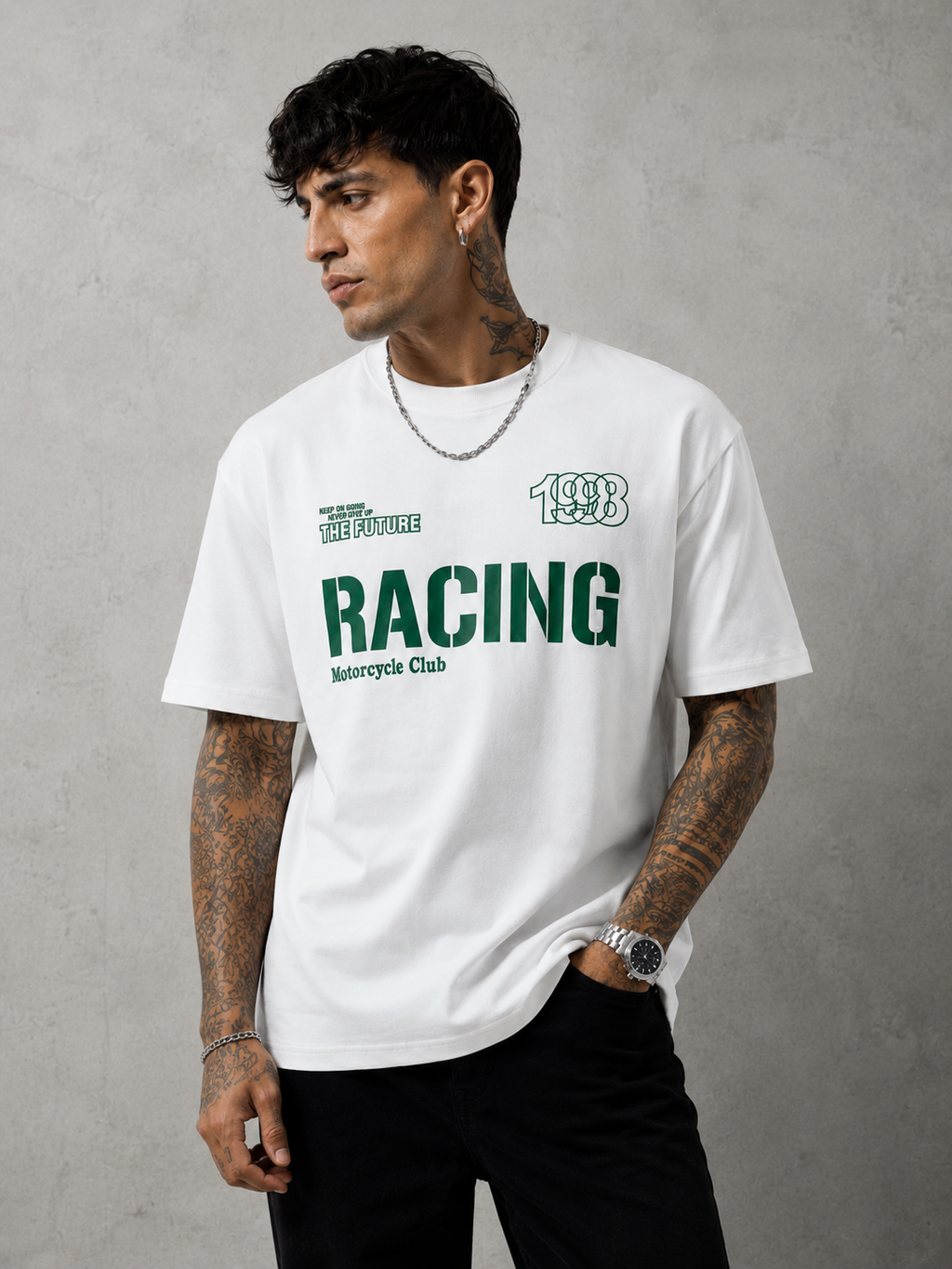 White retro T-shirt with green RACING and Motorcycle Club print on chest