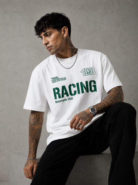 Optical White & Bottle Green Retro Motocross Tee
