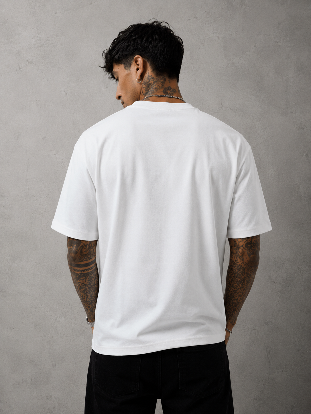 White T-shirt back view, plain crew neck with short sleeves