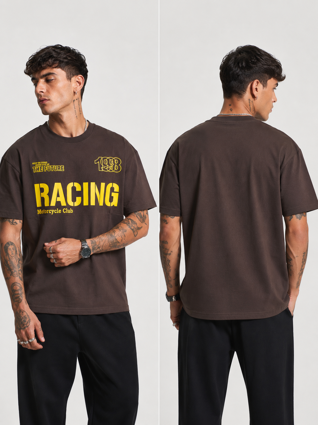 Dark chocolate relaxed motocross tee shown front and back with yellow RACING graphic