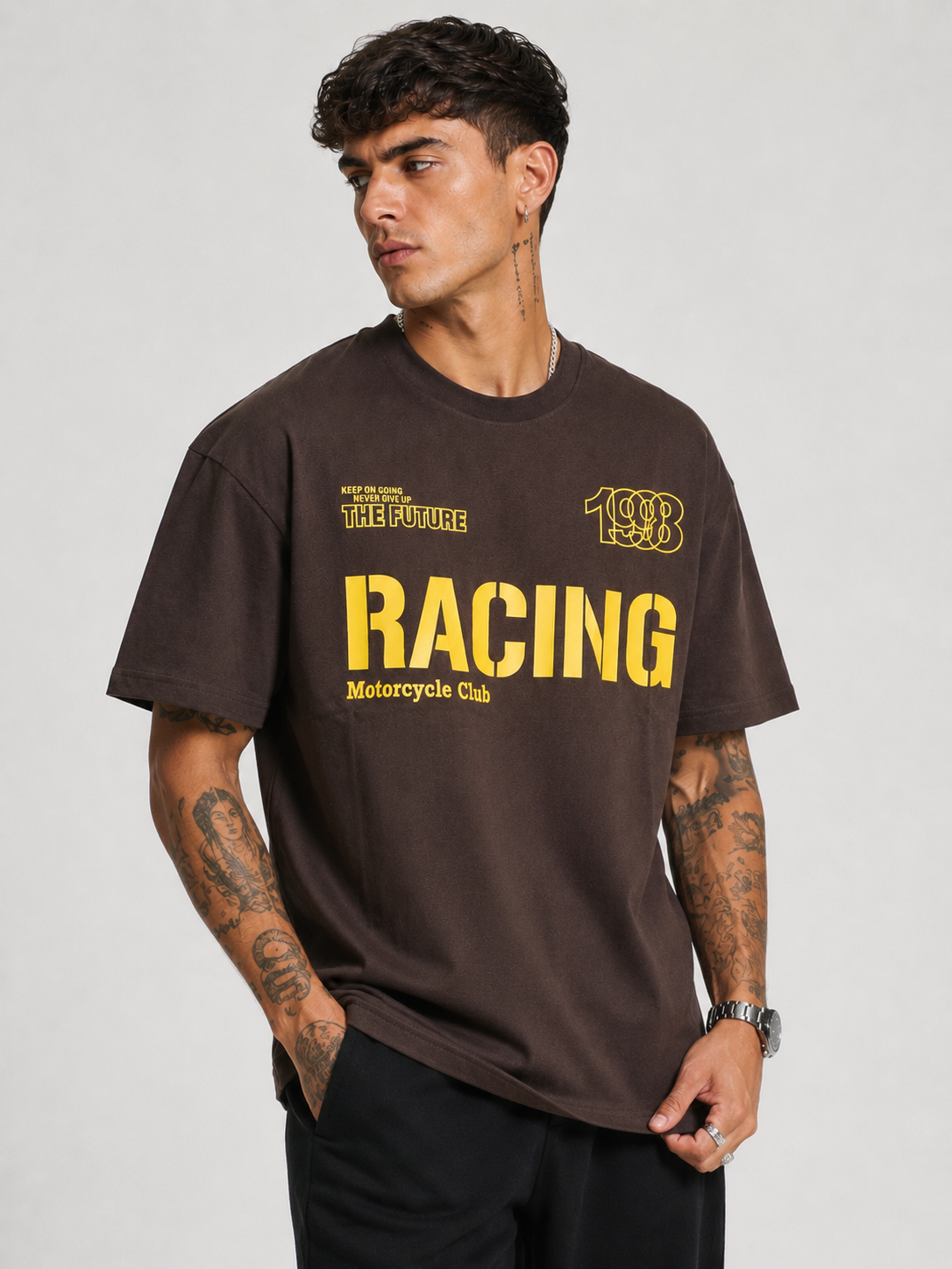 Dark chocolate relaxed motocross tee with yellow RACING graphic and The Future logo
