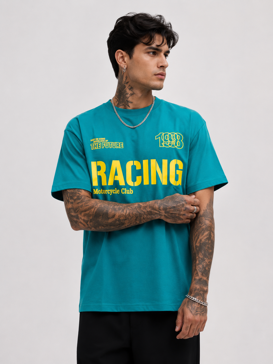 Turquoise motocross tee with neon yellow Racing Motorcycle Club chest print, round neck