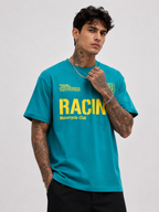 Turquoise motocross tee with neon yellow racing logo, round neck, short sleeves