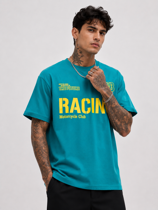 Turquoise & Neon Yellow Motocross Round Neck Tee