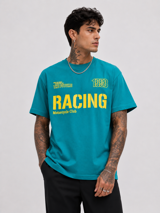 Turquoise & Neon Yellow Motocross Round Neck Tee