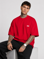 Scarlet red heavyweight drop-shoulder crew tee with small 'BBD' logo.