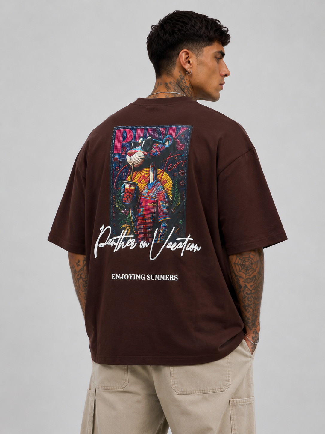 Cacao brown drop-shoulder T-shirt with large back graphic and Enjoying Summers text