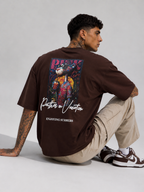 Cacao brown drop-shoulder T-shirt with large back graphic and white script