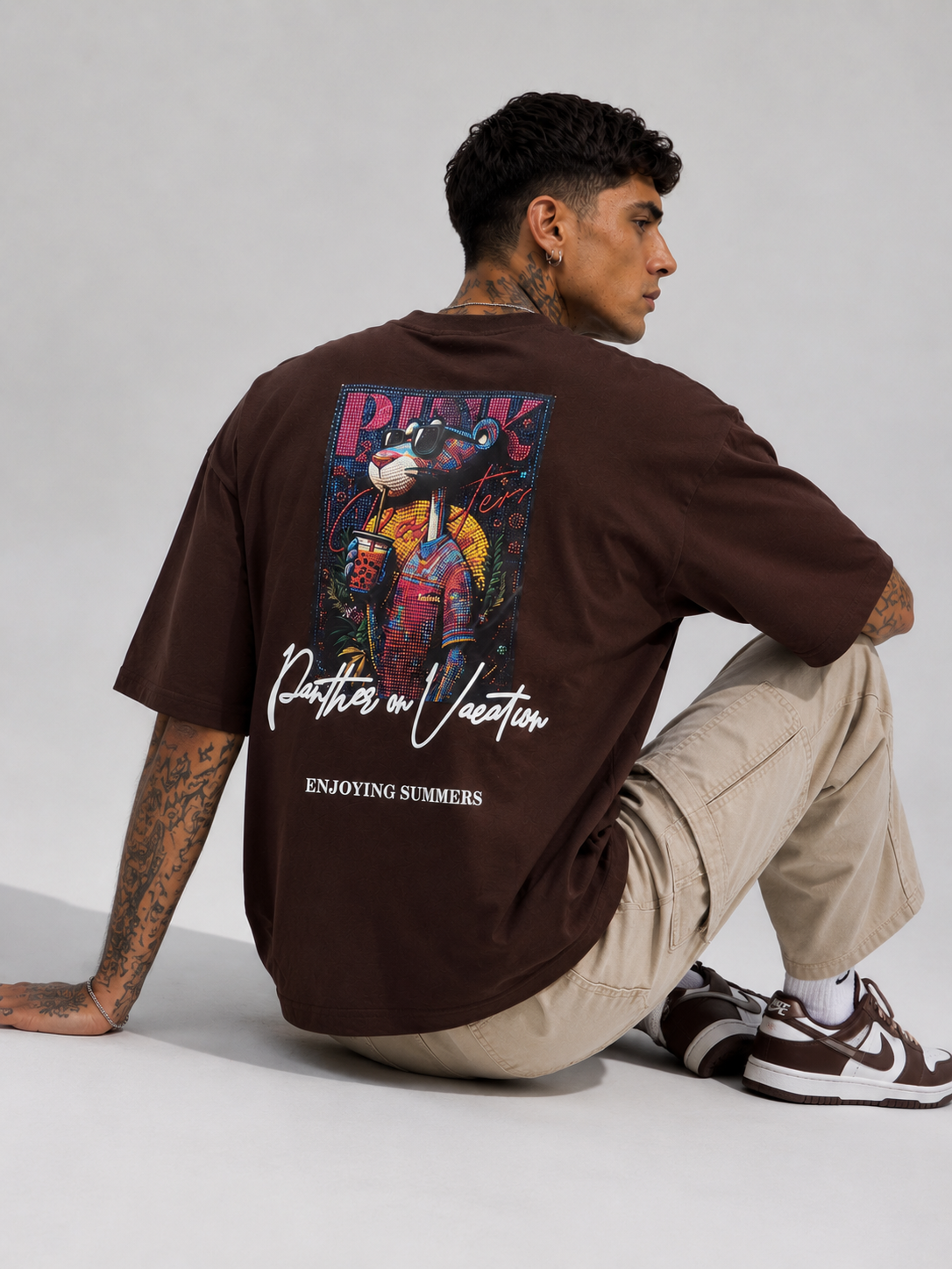 Cacao brown drop-shoulder T-shirt with large back graphic and white script