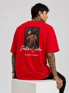Red oversized heavyweight T-shirt with back graphic print and text, crew neck, short sleeves