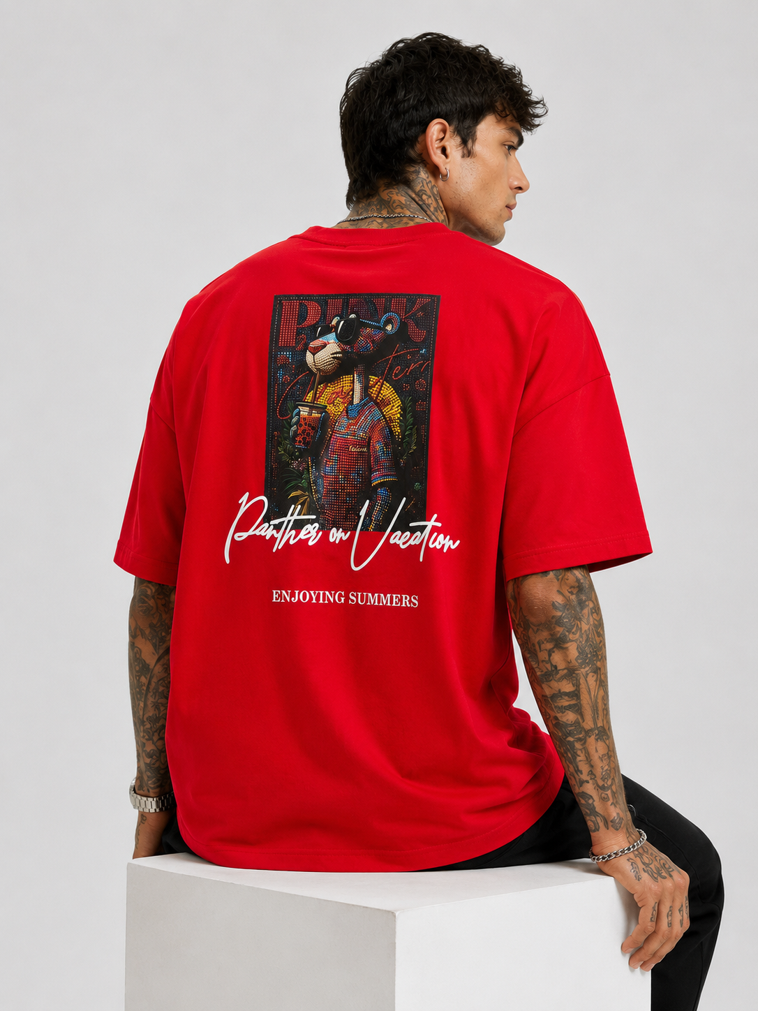 Red oversized heavyweight T-shirt with back graphic print and text, crew neck, short sleeves