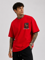 Red oversized heavyweight T-shirt with chest graphic print, crew neck, slightly dropped shoulders